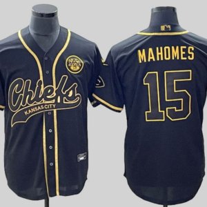 Chiefs Mahomes Baseball Style Black Golden Jersey
