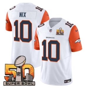 Broncos Bo Nix Super Bowl 50 Patch Jersey White Alternate