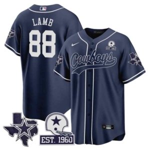 Cowboys CeeDee Lamb Texas Patch Baseball Style Jersey Navy