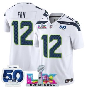Seahawks 12th Fan LX and 50th Double Patch Jersey White