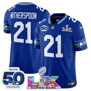 Seahawks Devon Witherspoon LX and 50th Double Patch Jersey Royal