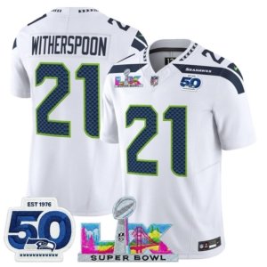 Seahawks Devon Witherspoon LX and 50th Double Patch Jersey White