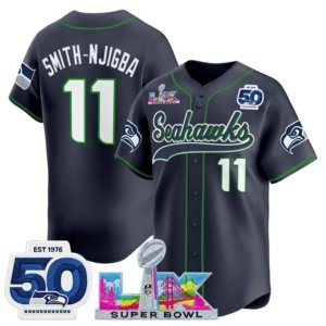 Seahawks Jaxon Smith-Njigba Super Bowl LX and 50th Anniversary Navy Baseball Style Jersey