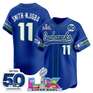 Seahawks Jaxon Smith-Njigba Super Bowl LX and 50th Anniversary Royal Baseball Style Jersey