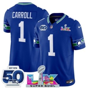 Seahawks Pete Carroll LX and 50th Double Patch Jersey Royal