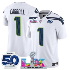 Seahawks Pete Carroll LX and 50th Double Patch Jersey White