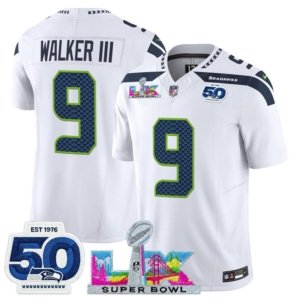 Seahawks Walker III LX and 50th Double Patch Jersey White