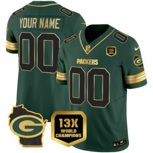 Packers Custom 13X Champions Patch Jersey Green