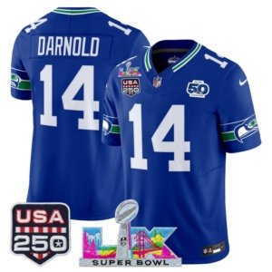 Seahawks Sam Darnold Triple Patch Royal Throwback Vapor Jersey
